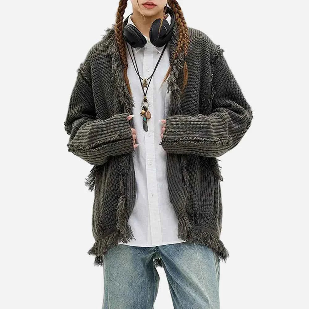 Chic Retro Tassel Ripped Long Sleeve Cardigan