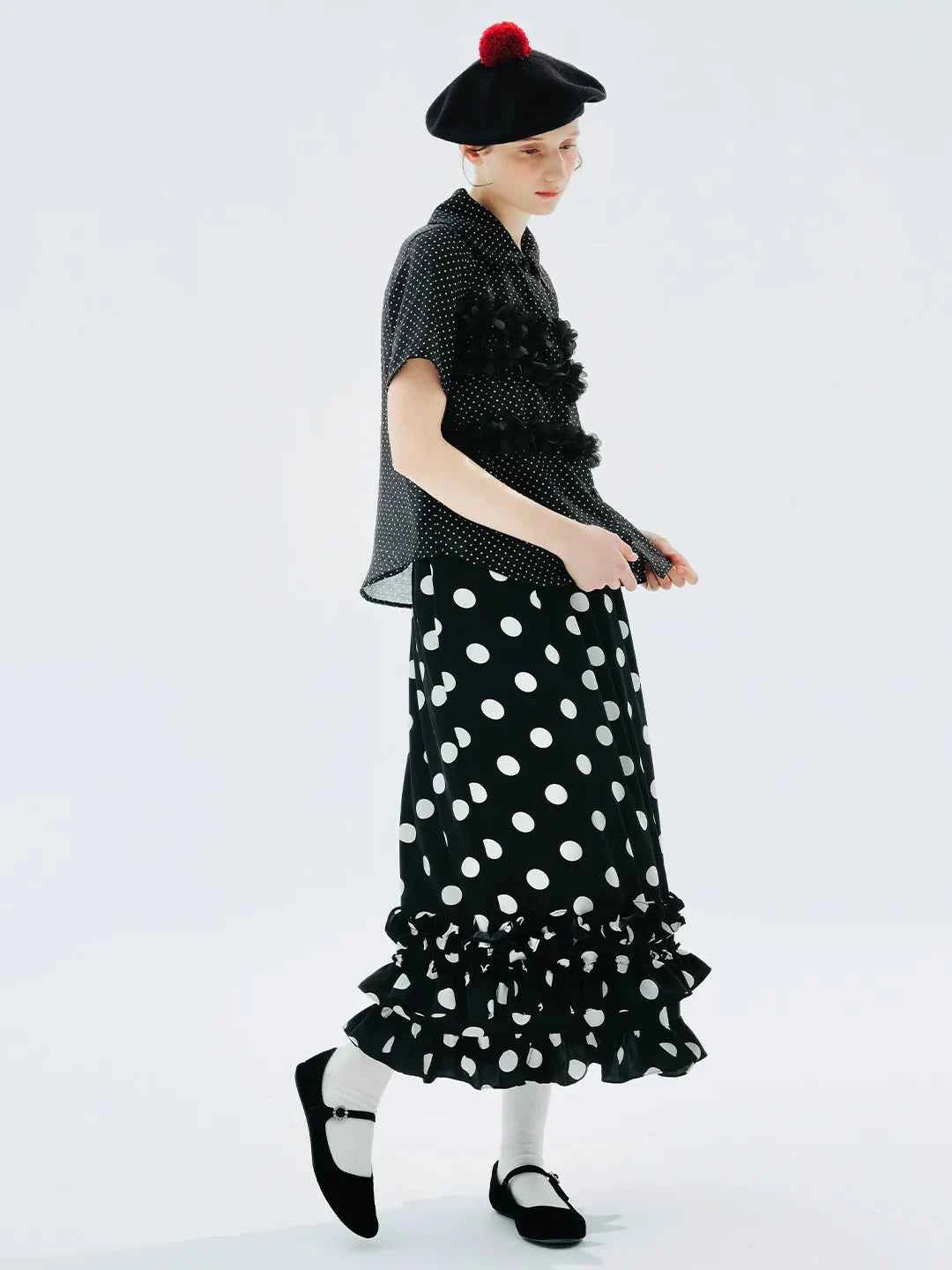 Women Black Polka Dot Lapel Short Sleeve Shirt