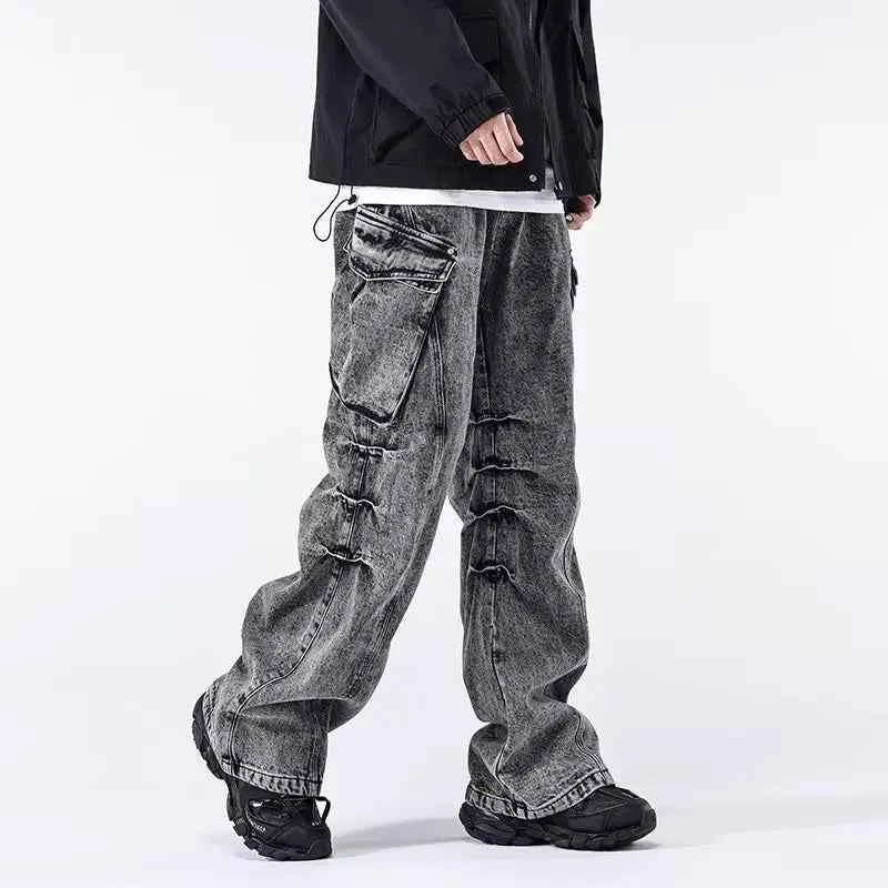 Minimal Look Gray Pleated Cargo Jeans