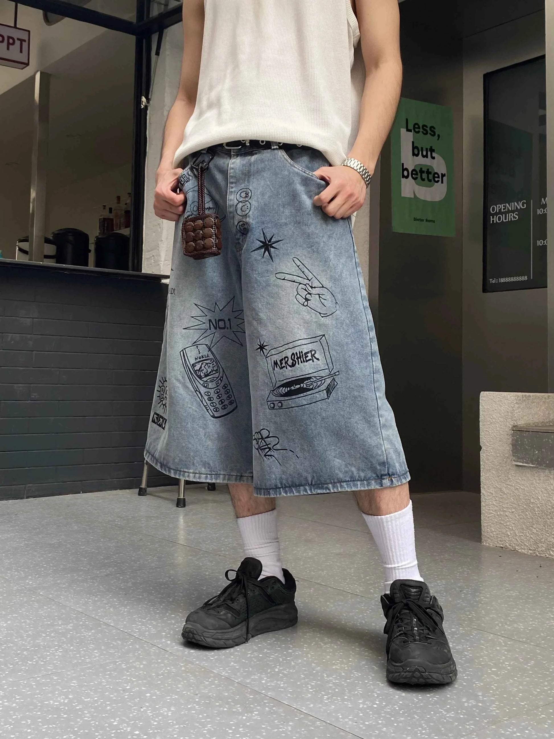 Apex Graffiti Print Vintage Denim Short