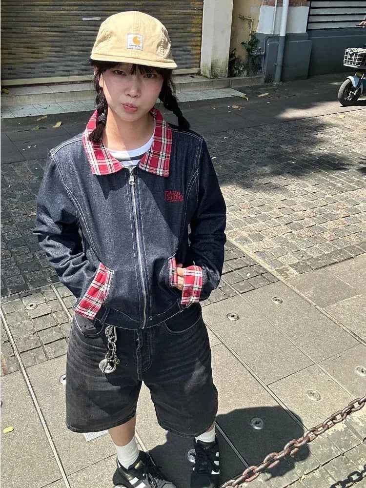 Women Retro Embroidered Plaid Denim Jacket