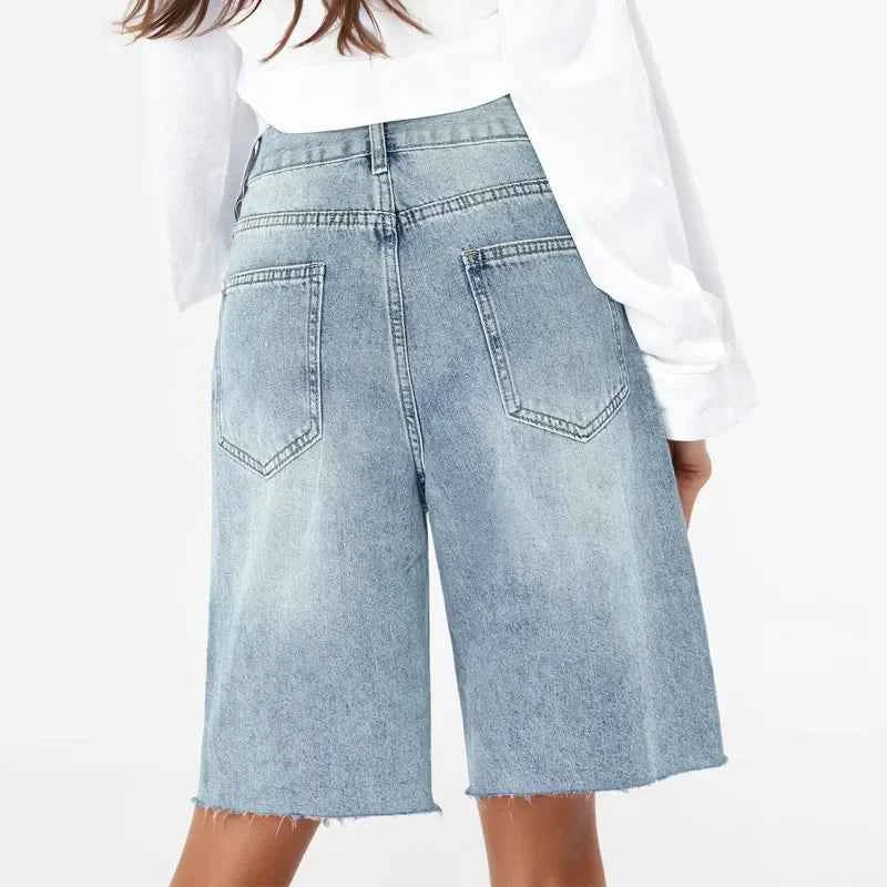 Women High Waist Raw Hem Denim Short