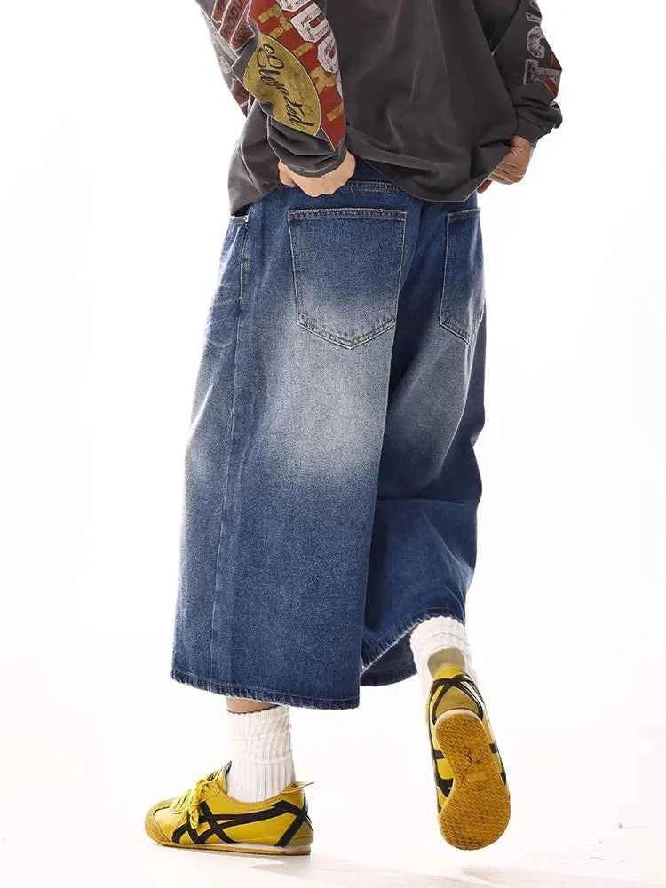 Vintage Blue Brushed Wide Leg Denim Jorts