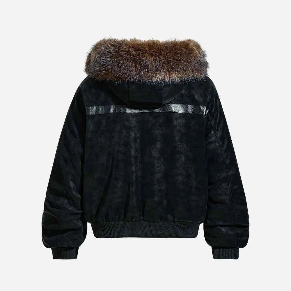 Fashionable Spliced Fur Hooded PU Leather Jacket