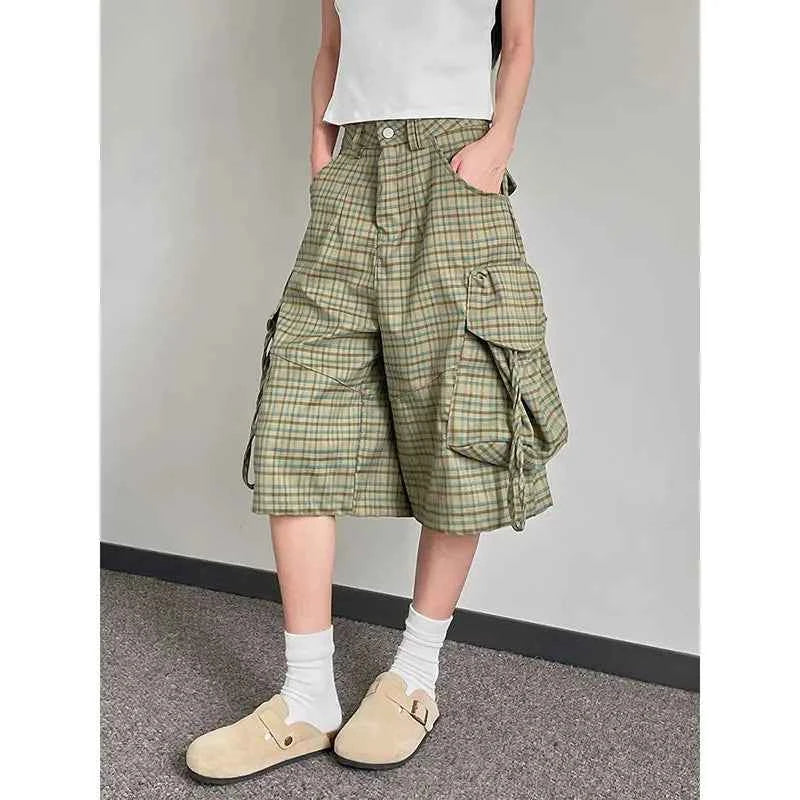 Comfortable Y2K Plaid Print High Waist Denim Cargo Short