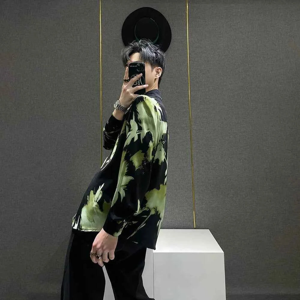 Green Contrast Print Long Sleeve Shoulder Shirt