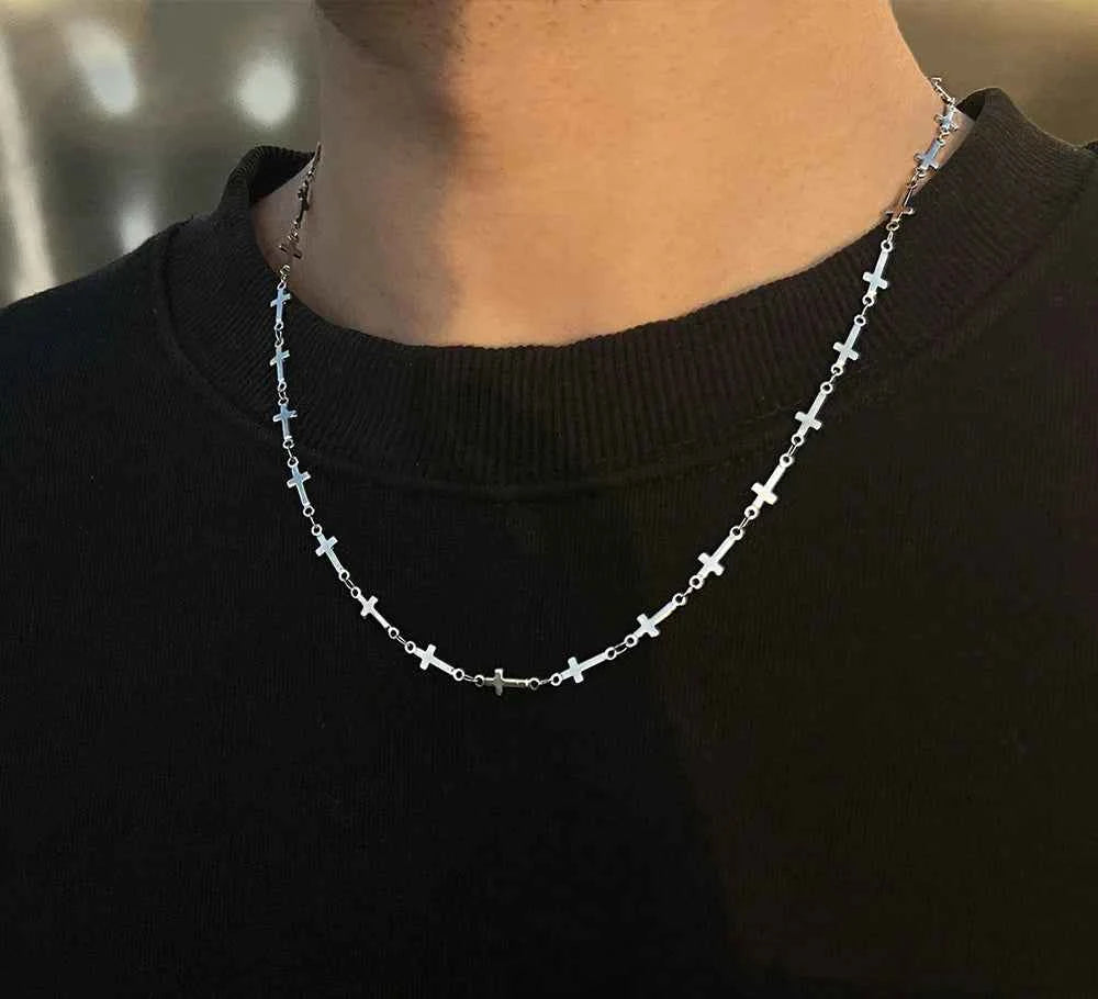 Men Punk Titanium Steel Cross Chain Necklace