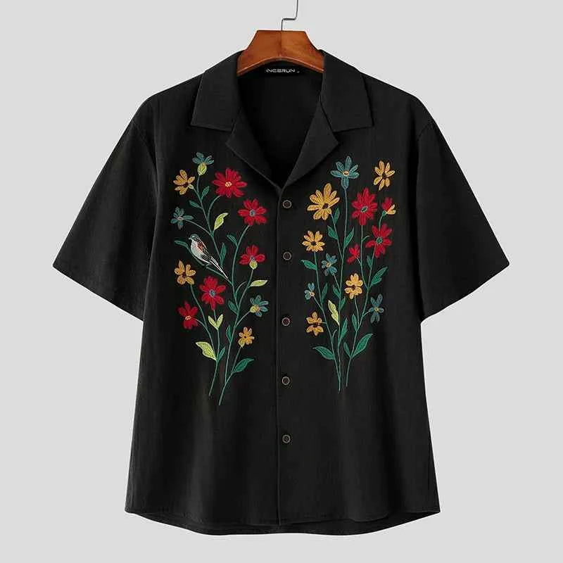 Flower Embroidered Lapel Casual Short Sleeve Shirt