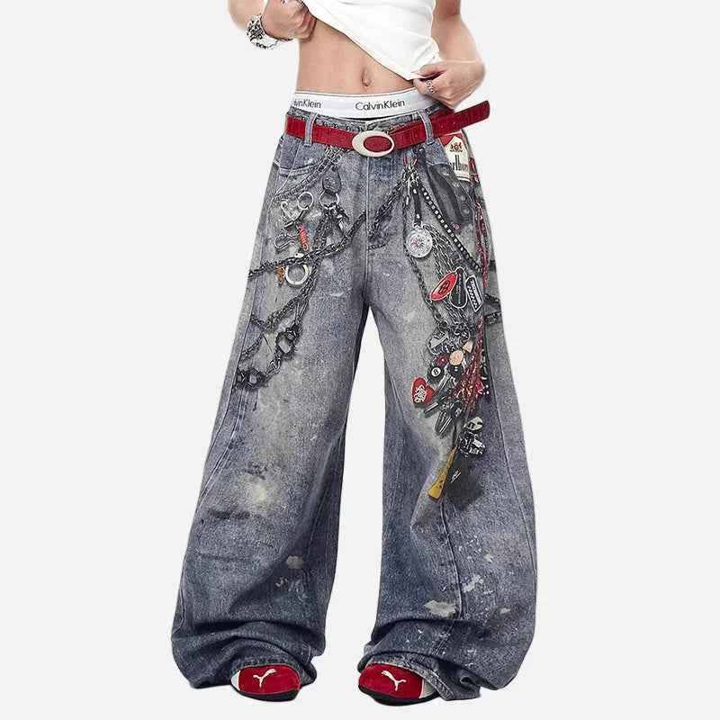 Korean Style Trendy 3D Printed Wide Leg Jeans