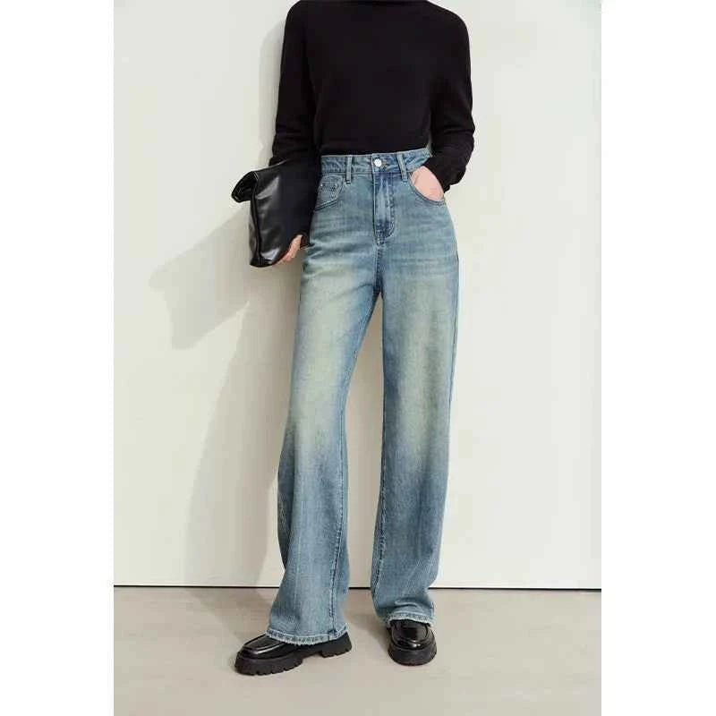 Amii Minimalism Leather Contrast Jeans