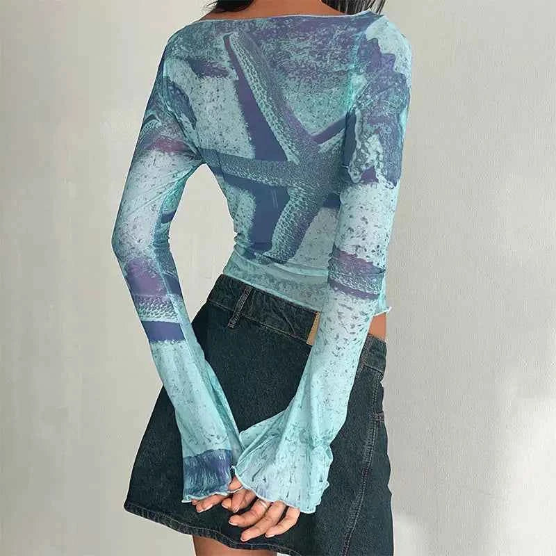 Women Blue Flare Sleeve Crop T-Shirt