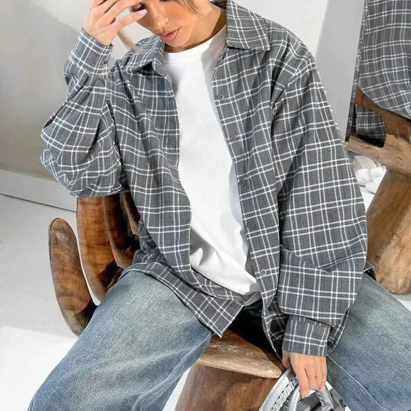 Vintage Elegant Gray Plaid Long Sleeve Shirt
