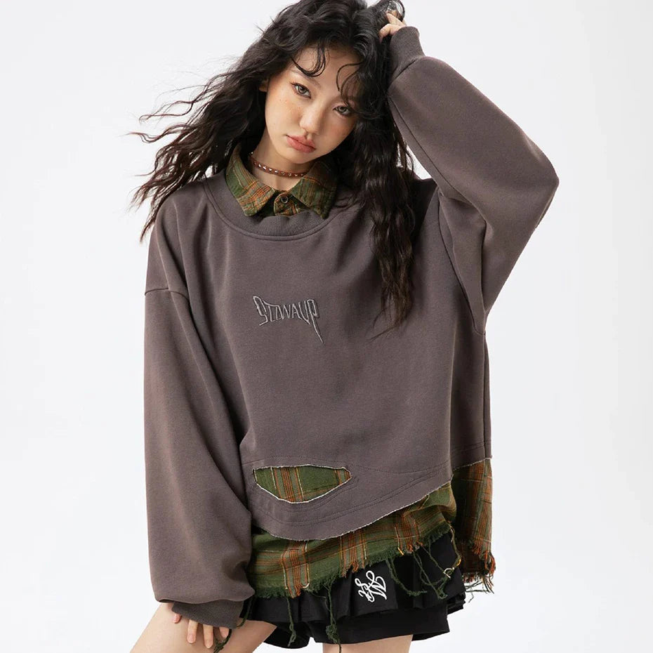 SP Two Pieces Plaid Pullover Sweatshirt