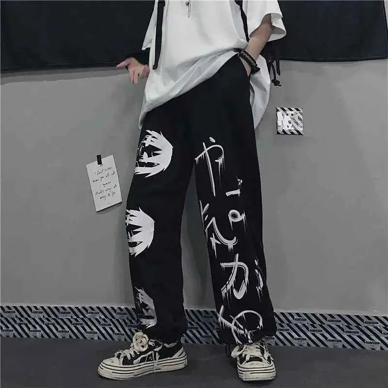 Y2K Japanese Anime Printed Black Pants