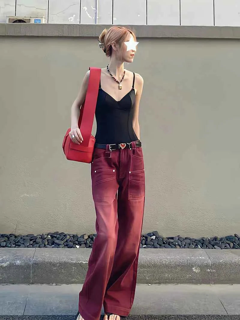 Wine Red Retro European Style Jeans