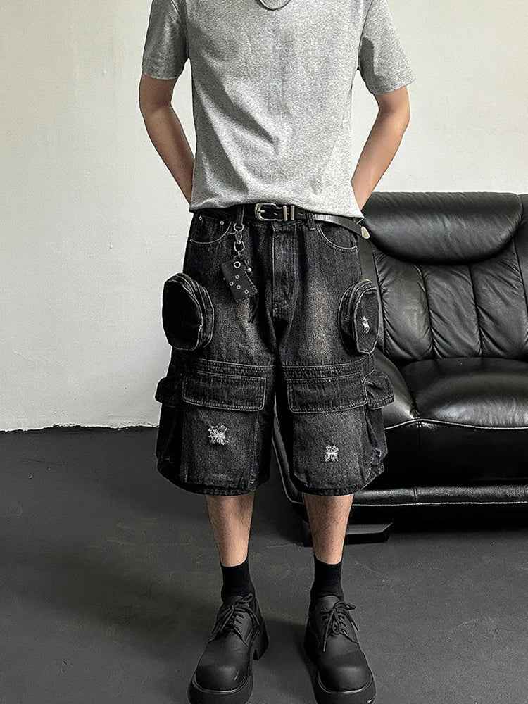 Black Effortless Destroyed Wide Leg Denim Short