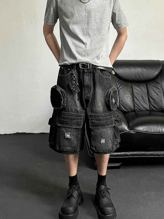 Black Effortless Destroyed Wide Leg Denim Short