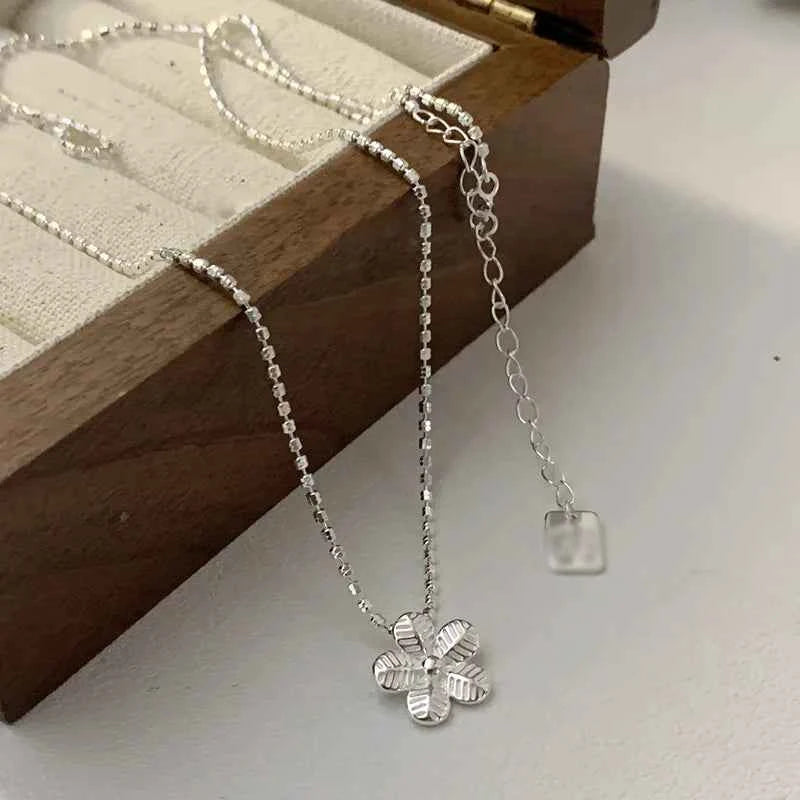 Women Sterling Silver Flower Bead Necklace