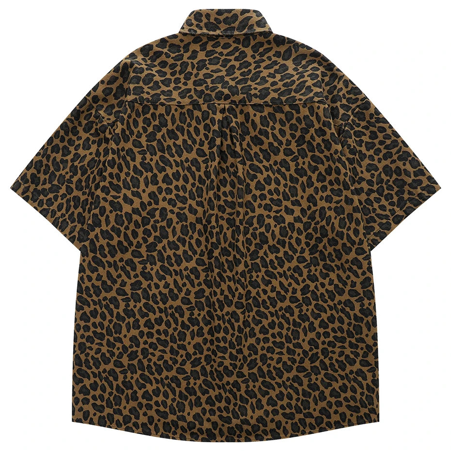 Men Vintage Leopard Shirts Streetwear Harajuku Hip Hop Oversized Shirts Button Up Blouse Casual Loose Shirts