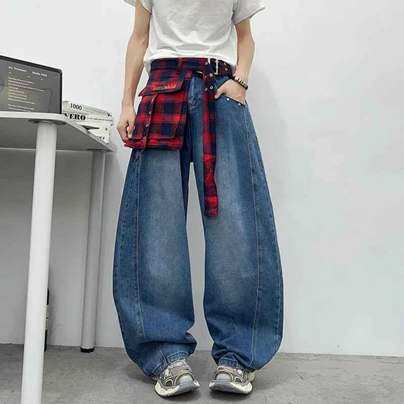 Retro Cool Plaid Printed Loose Denim Jeans