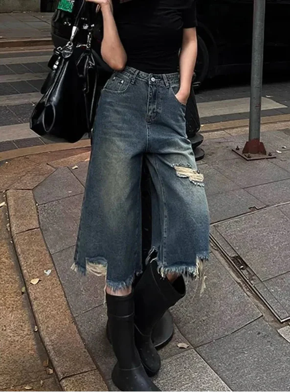 Women Retro distressed high-waist vintage Denim Jorts - Luxuryurbanwear