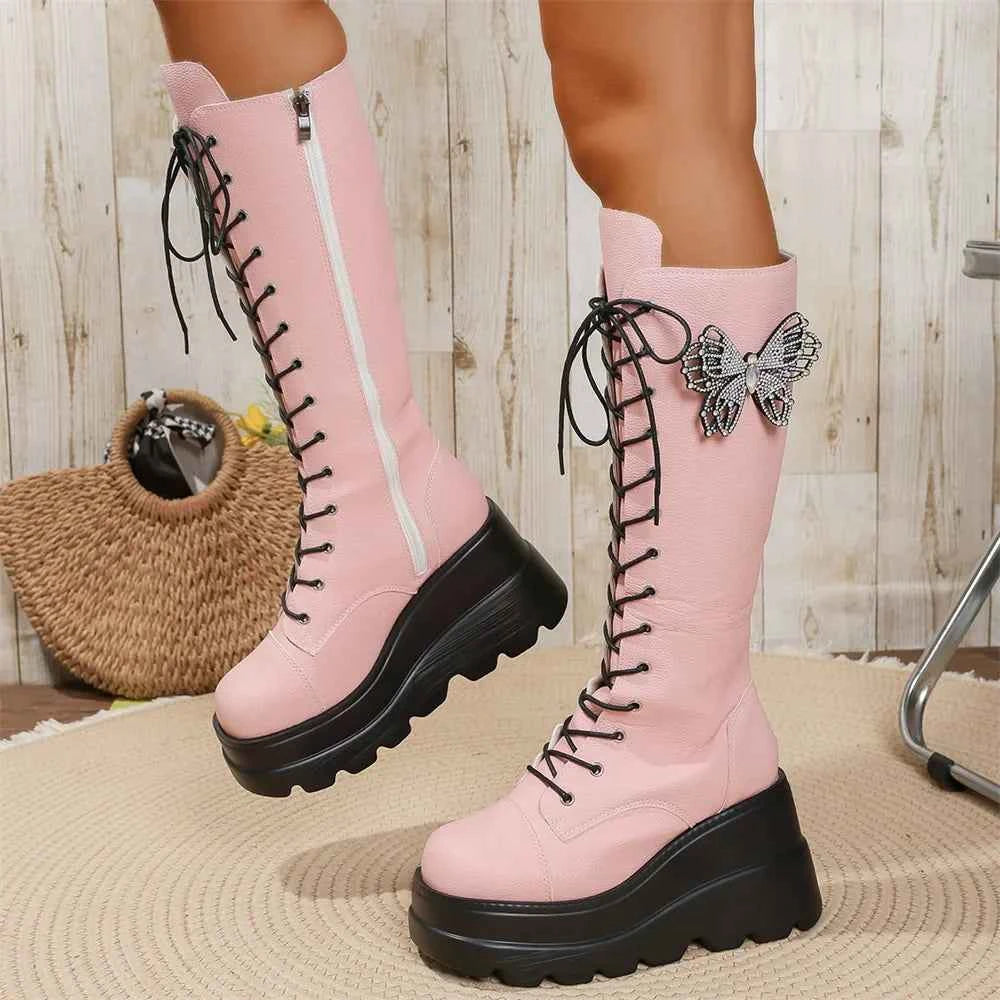 Chunky Platform Butterfly Knee High Zipper Boot