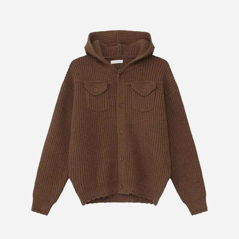 Frayed Design Thick Knit Hooded Knits Cardigan