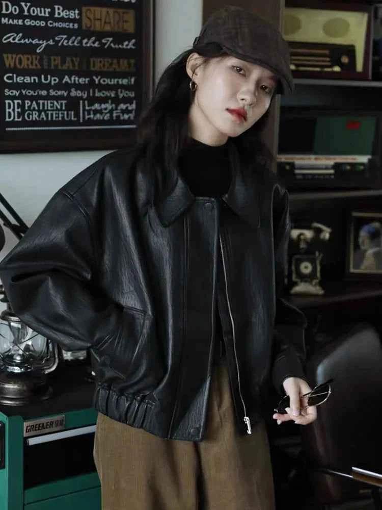 Classic Brown Handsome Short PU Leather Jacket