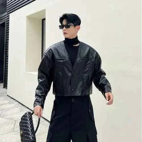 Stylish Trendy Collarless Moto Leather Jacket