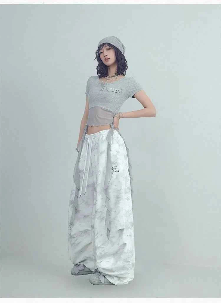 White Printed Knitted Paratrooper Pants