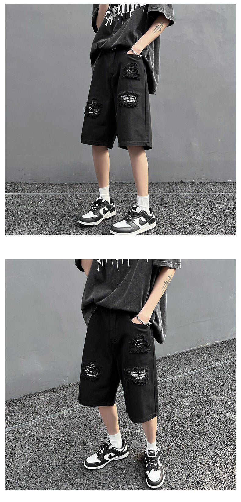 Ripped Hole Patchwork Knee Length Shorts