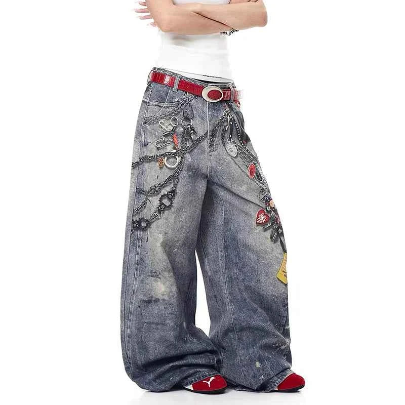 Korean Style Trendy 3D Printed Wide Leg Jeans
