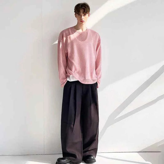 Pink Elegant Handsome Round Neck Knitted T-Shirt