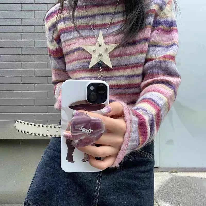 Y2K Women Rainbow Striped Turtleneck Sweater