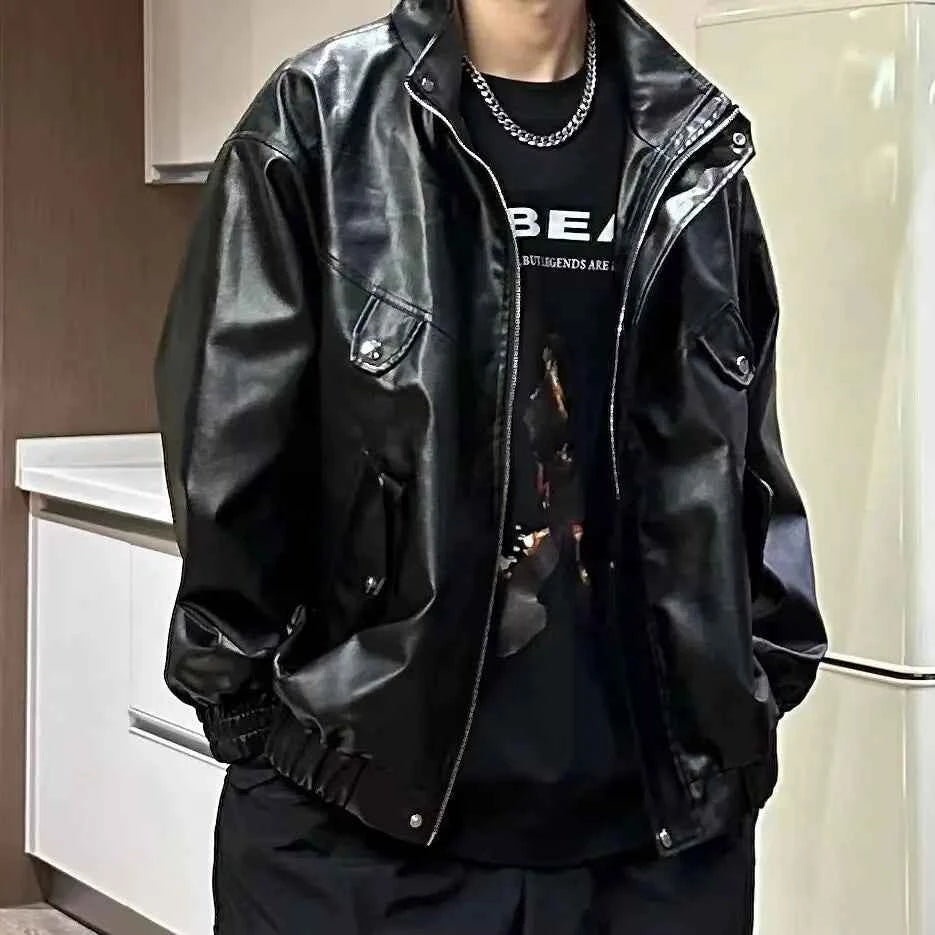 Men Classic Retro Smooth Military PU Leather Jacket