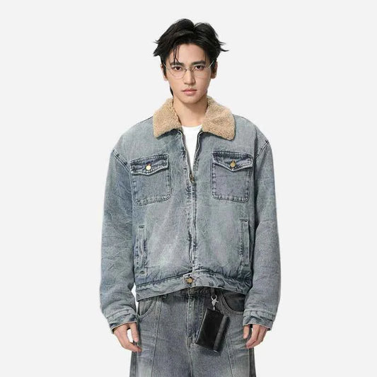 Streetwear Turn Down Fur Collar Washed Denim Jacket