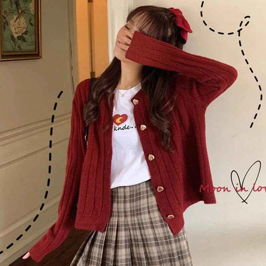 Women Classic Burgundy Knit with Heart Button Cardigan