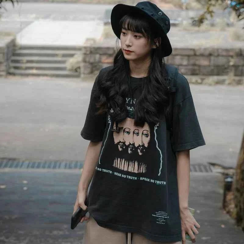 Vintage Washed Psychedelic Figure Printed T-Shirt