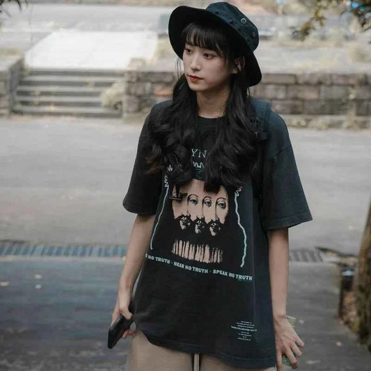 Vintage Washed Psychedelic Figure Printed T-Shirt