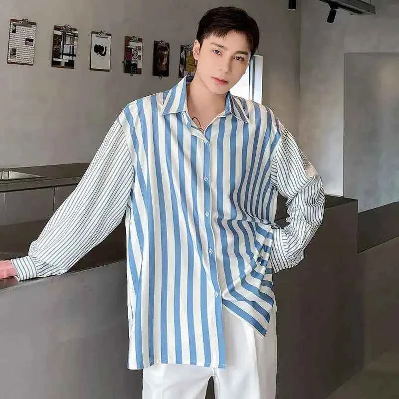 High-Quality Satin Stripe Splicing Long Sleeve Shirt