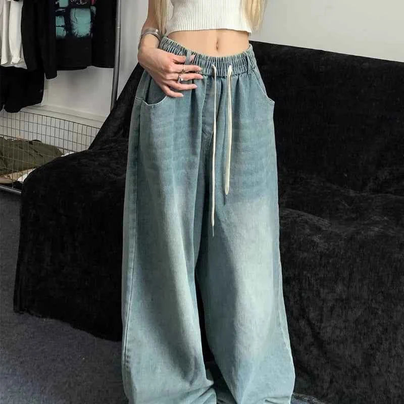 Women Elastic Straight Wide Leg Denim Jeans