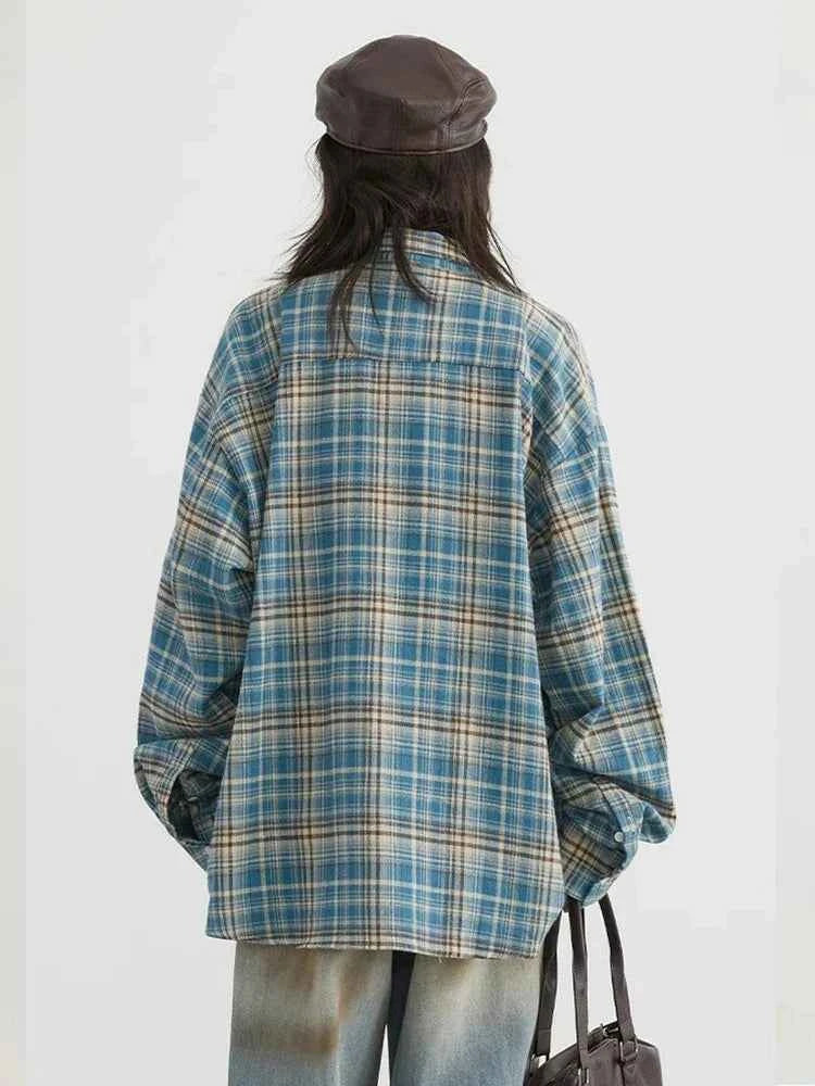 Women Vintage Plaid Oversize Long Sleeve Shirt