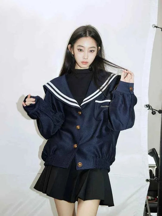 Vintage Sailor Collar Patchwork Oversize Jacket