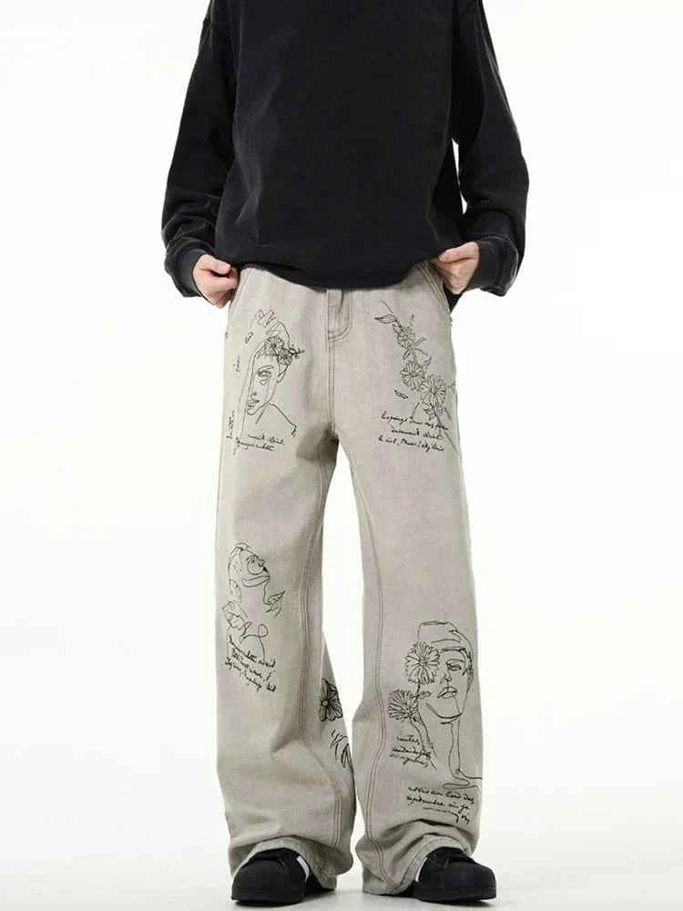 Distressed American Retro Graffiti Graphic Denim Jeans