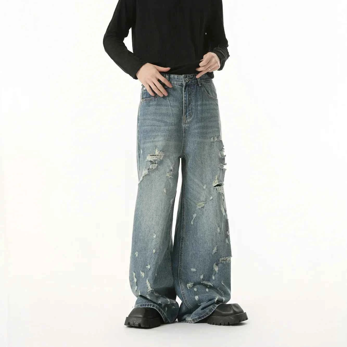 Streetwear Washed Irregular Hole Baggy Jeans