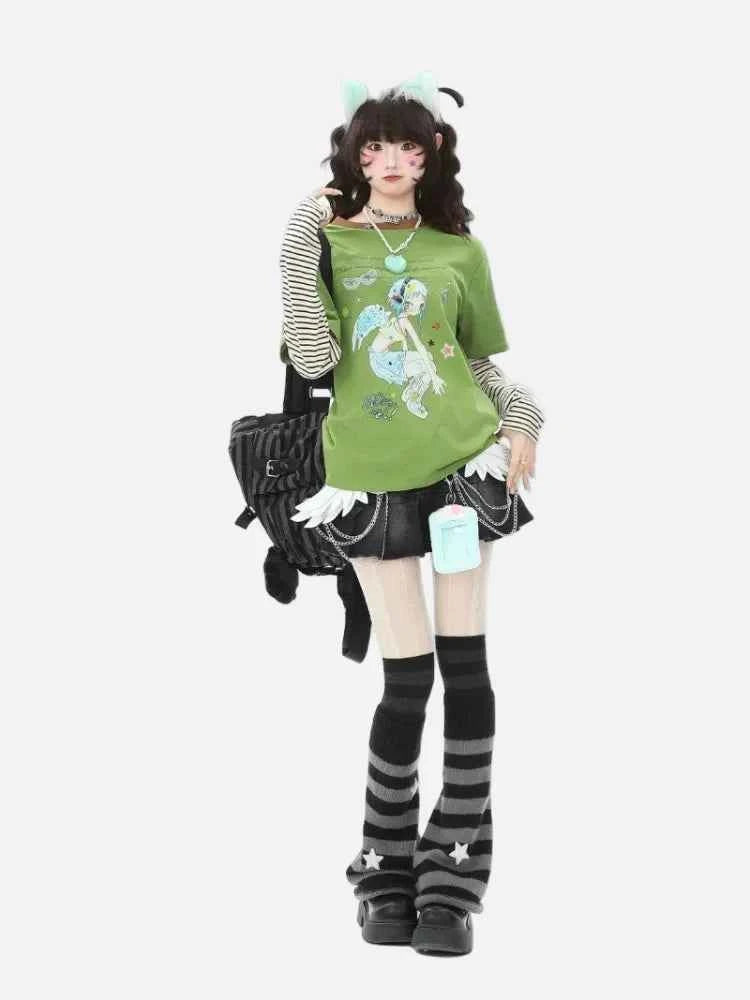 Sweet Autumn Fake Two Piece Cartoon Printed T-Shirt