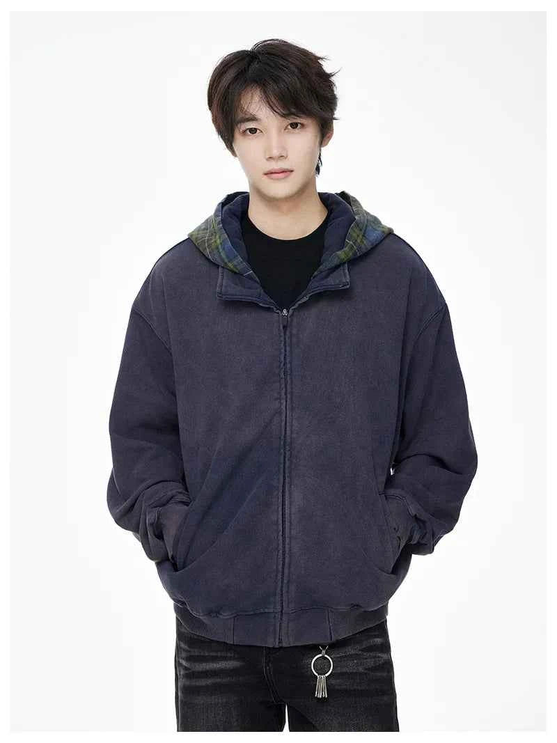Vintage Streetwear Plaid Zipper Cool Hooded Sweatshirt