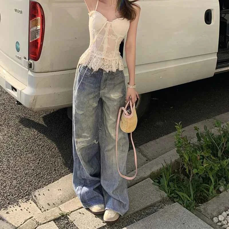 Vintage Korean Style Washed Ripped High-Waisted Jeans
