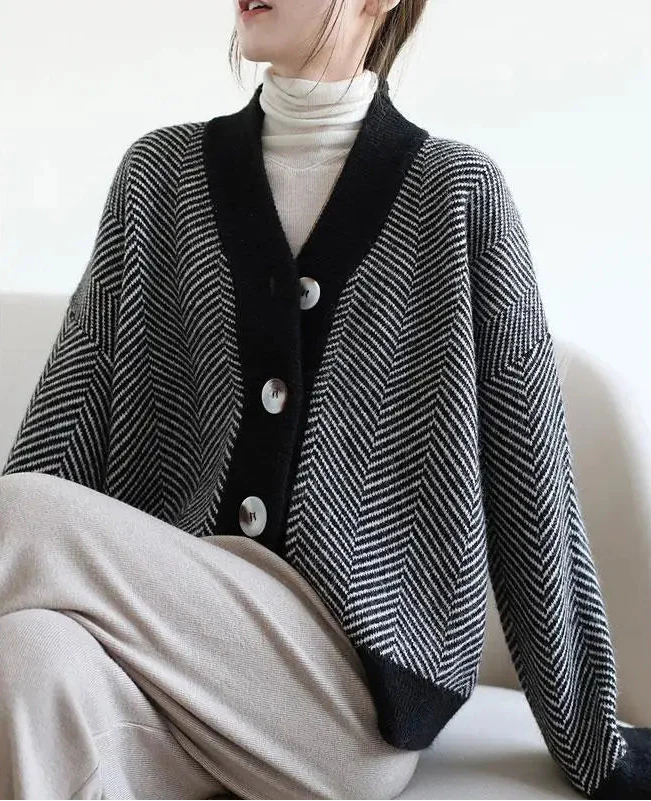 Striped V-Neck Long-Sleeve Thick Cardigan - Luxuryurbanwear