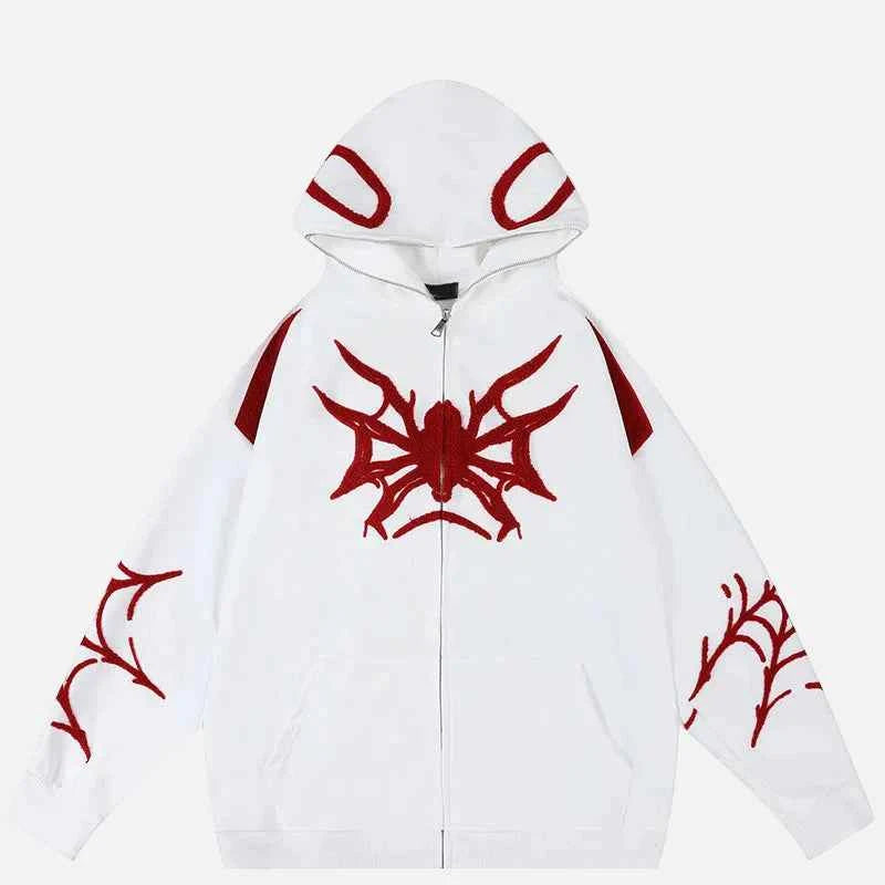Spider Web Print Gothic Zip-Up Hooded Sweatshirt